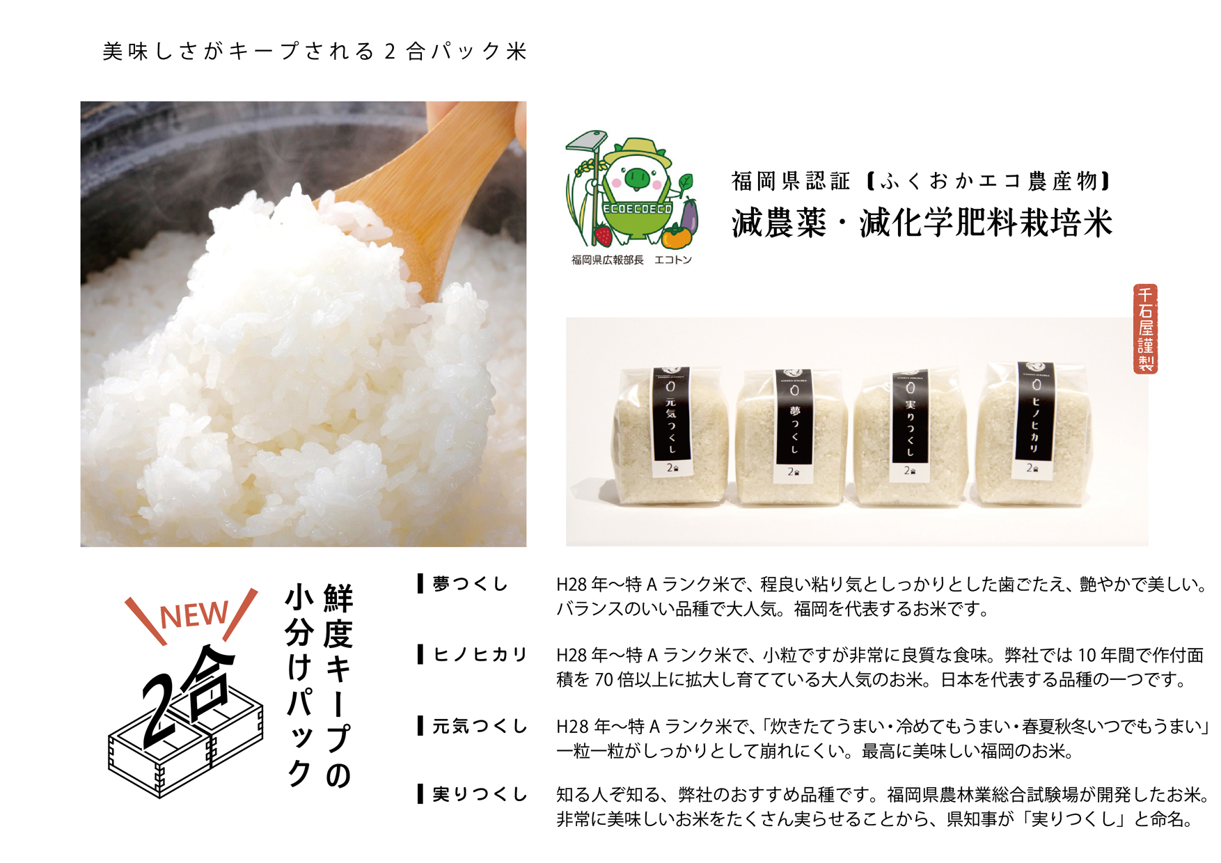 福岡県認証【ふくおかエコ農産物】減農薬・減化学肥料栽培米 美味しさがキープされる2合パック米